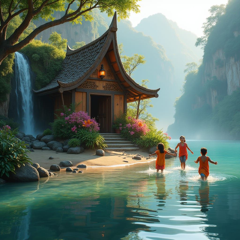 Idyllic Waterfall Hut Scene with Children Playing