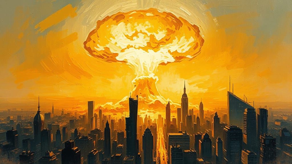 Impressionist Cityscape Under Mushroom Cloud