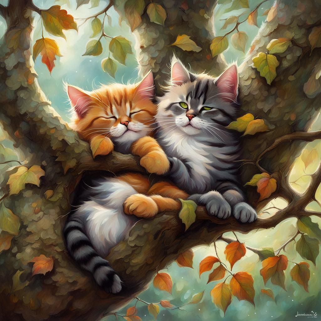 Bestie cat friends sleeping in a tree