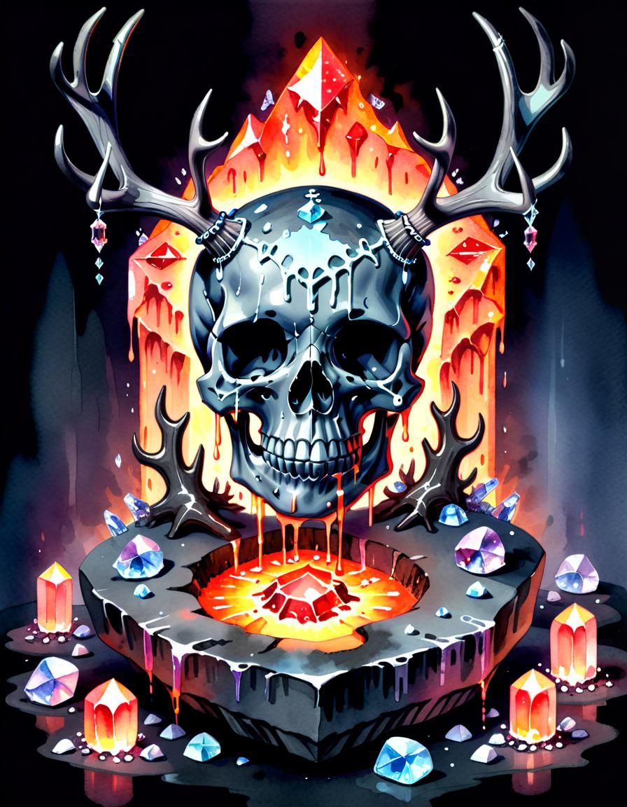 Glowing Skull with Antlers in Watercolor Style