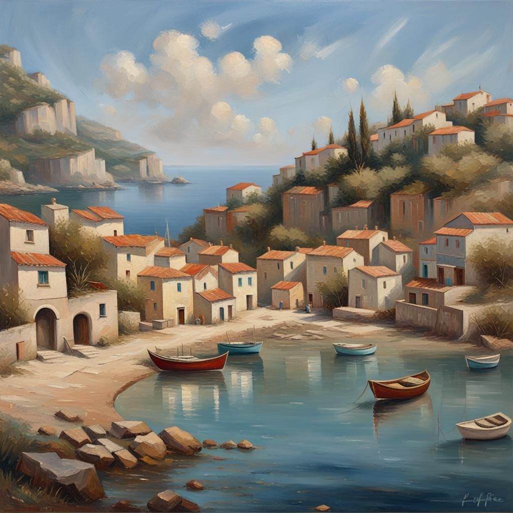 Quaint 1800s Fishing Village: Detailed Oil Painting