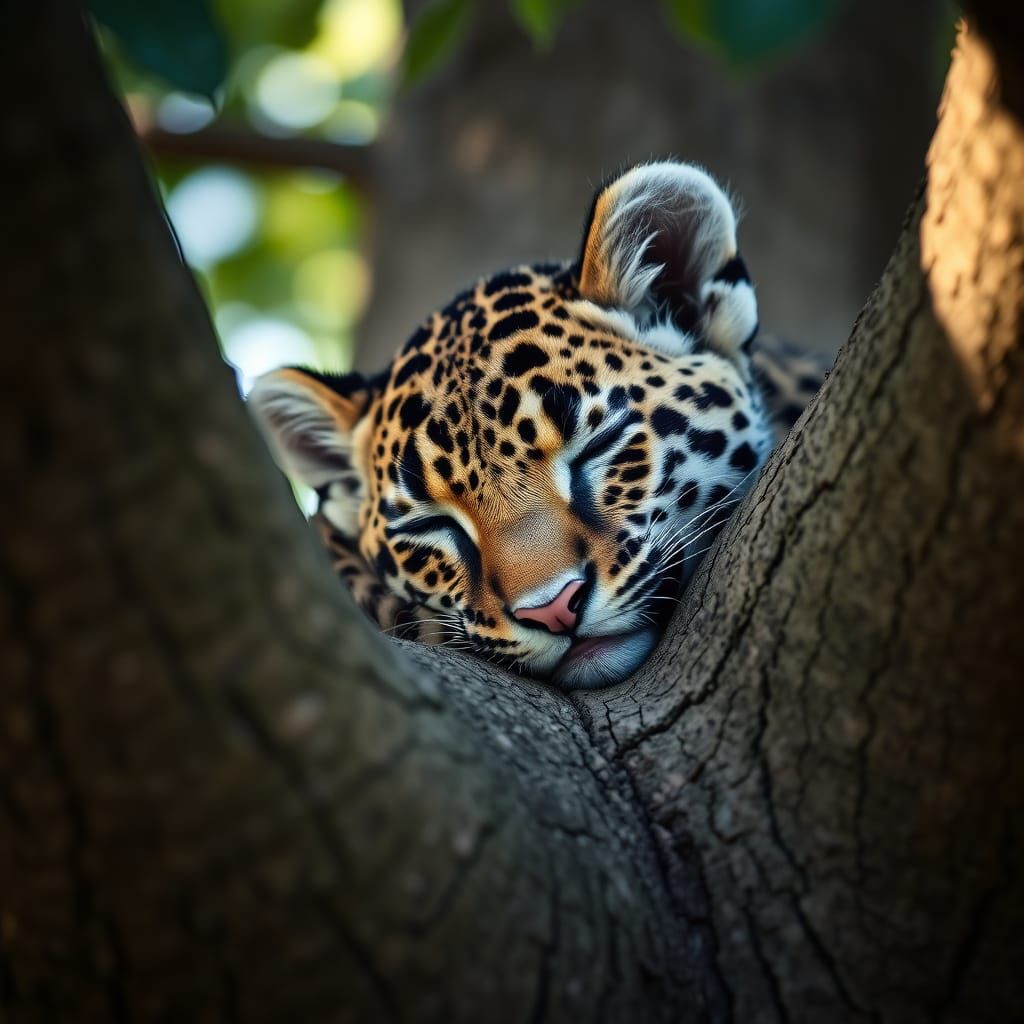 A Baby Jaguar Sleeping in a Tree, Captured with Professional...
