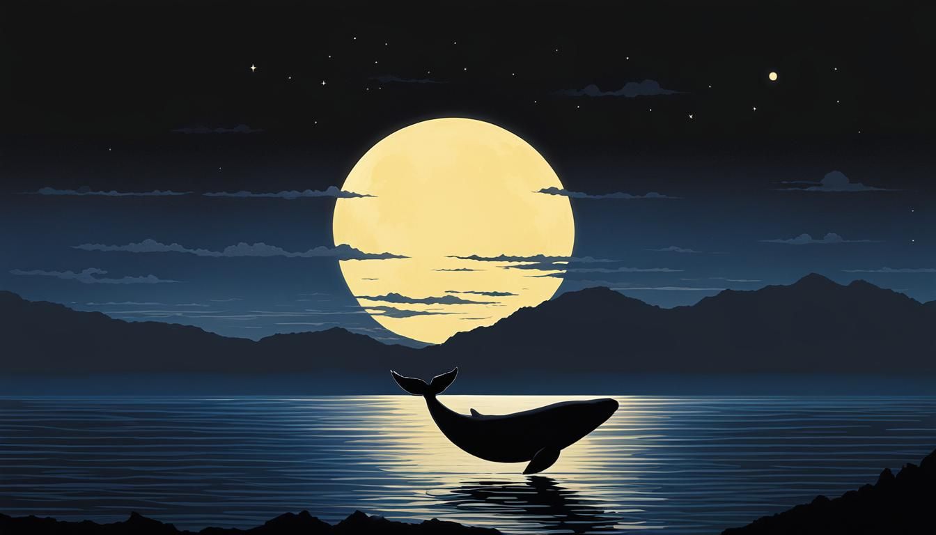 Whale Silhouette Flying Over Moonlit Seascape