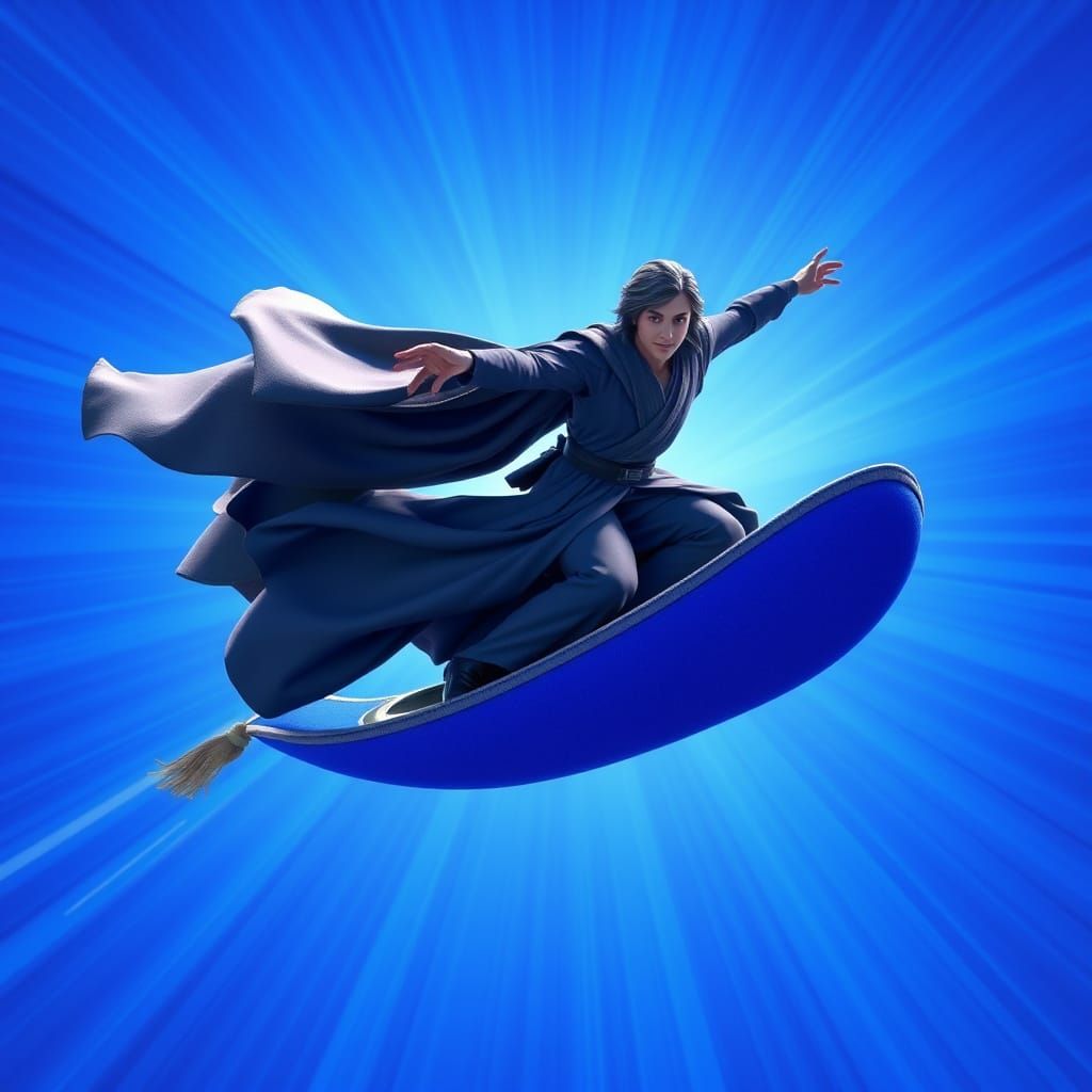 Jedi Knight Soars on Vibrant Blue Magic Carpet