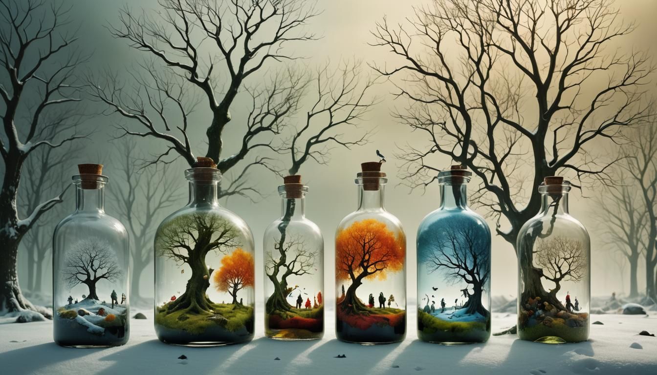 Seasons in Bottles: A Surreal Glass Landscape