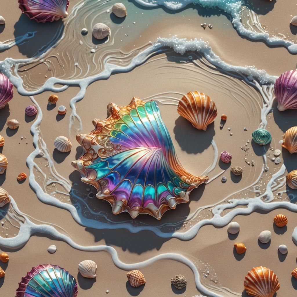Iridescent Seashell on Seaside: 3D Concept Art
