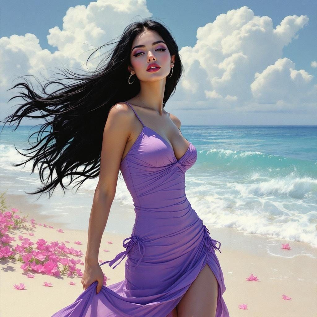 Dreamy Woman in Purple Dress on Beach as Art Nouveau