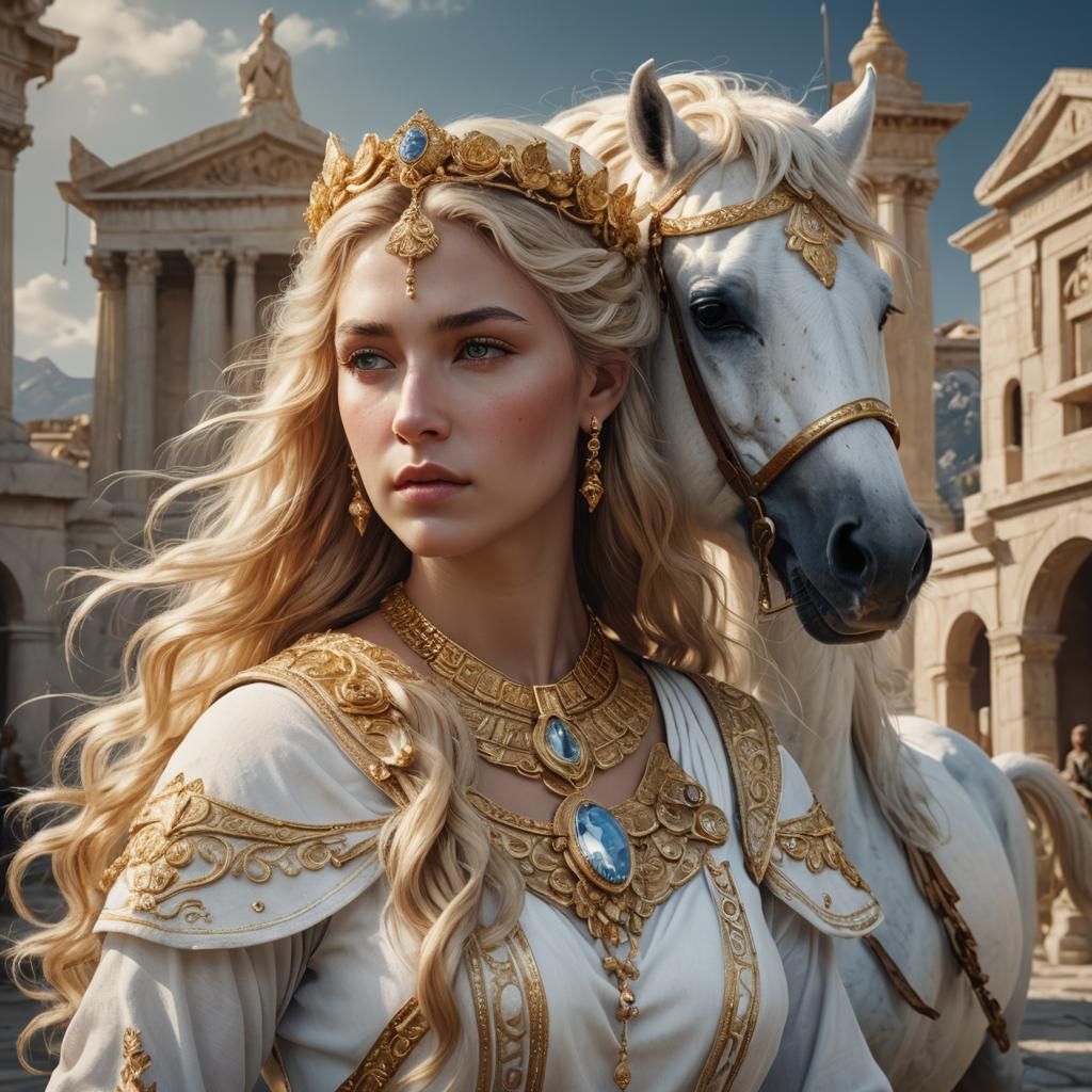 Greek Goddess Portrait with White Horse