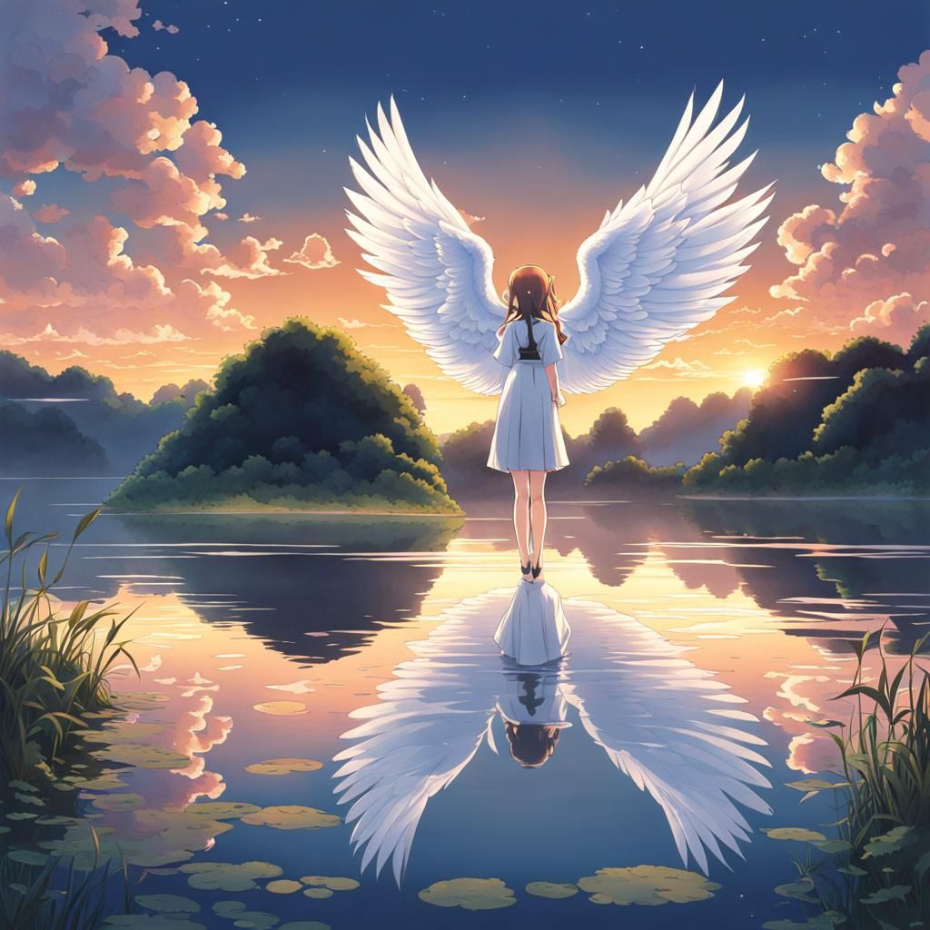 Anime Angel Reflecting in Lake: Manga Style