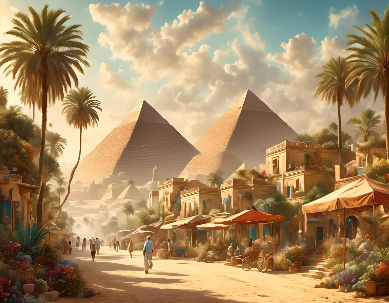 Dreamy Retro Giza Street Scene with Pyramids