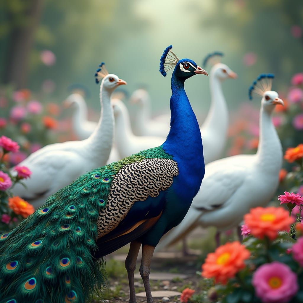 Vibrant Peacock Reigns Over Lush, Exotic Garden