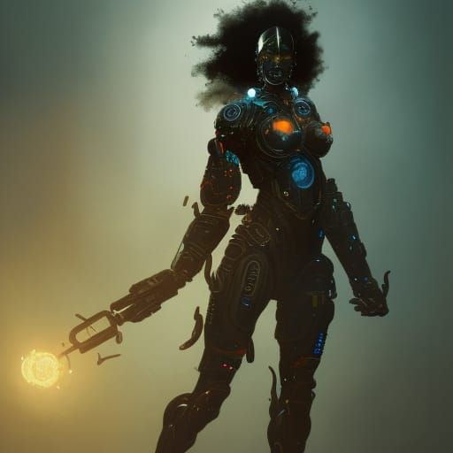 Cyborg Tribal Warrior in Detailed Dark Fantasy Art