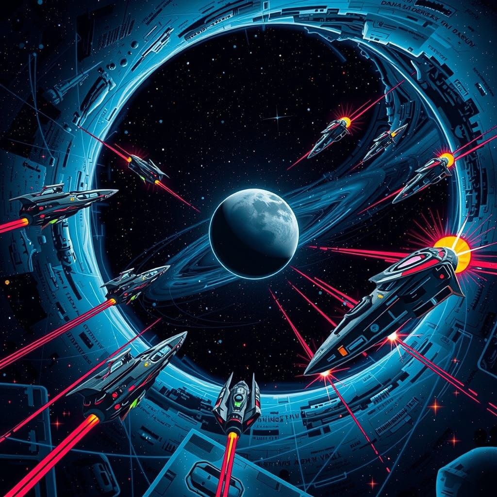 Retro-Futuristic Comic Book Spacecraft Approaching Black Hol...