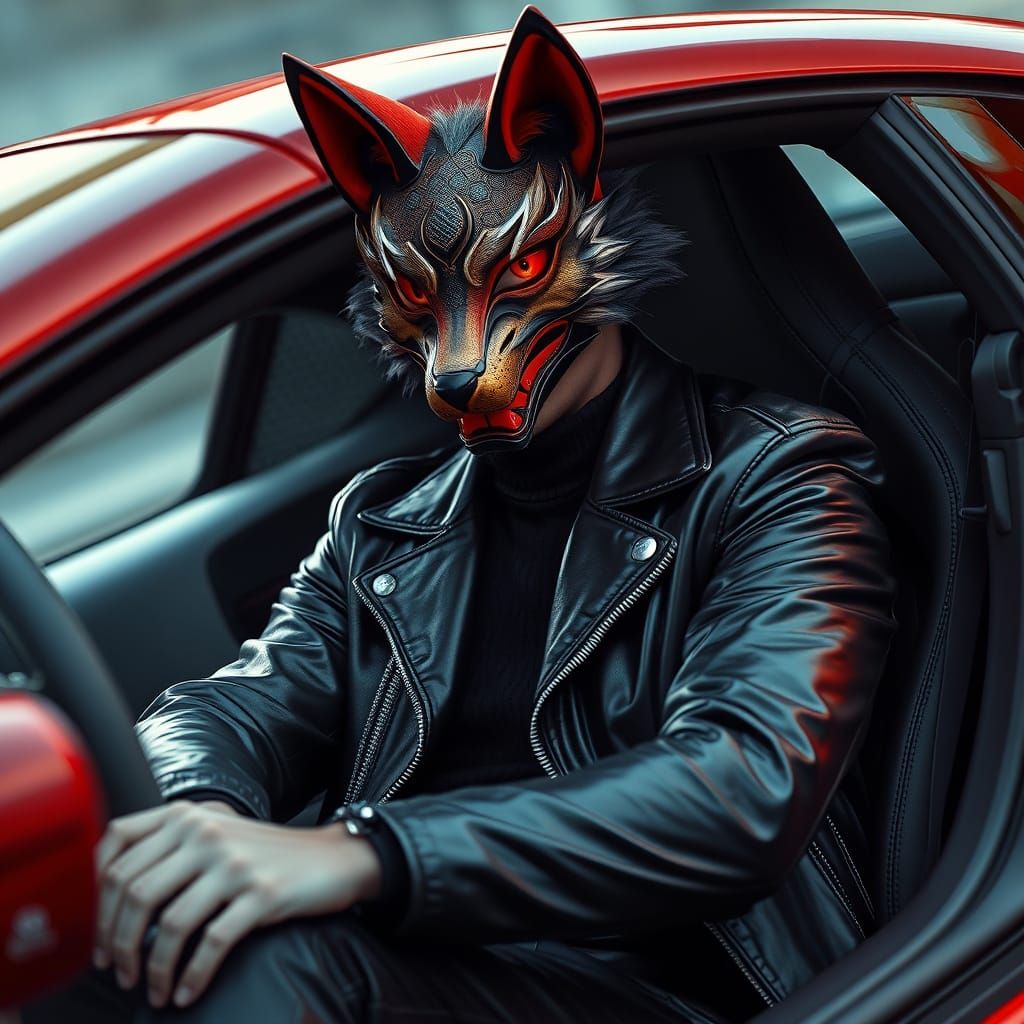 Korean Man in Fox Mask Drives Sports Car with Red Aura
