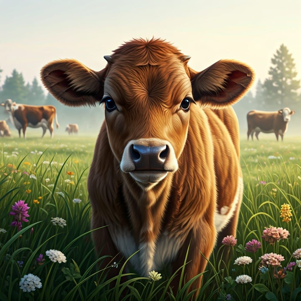 Calf Portrait in Meadow, Detailed Oil Painting