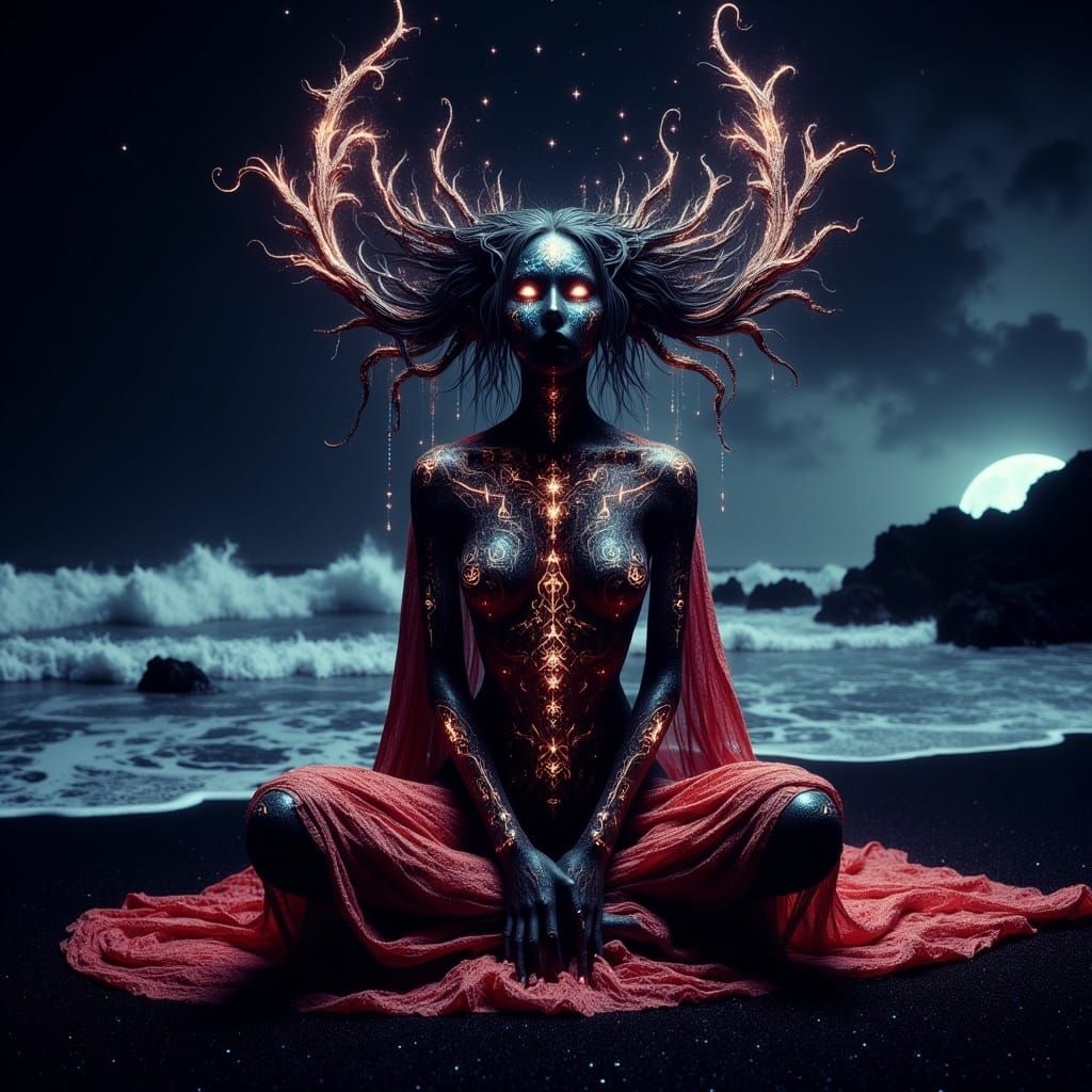 Mystical Woman Unfolds in a Dark, Twinkling Twilight