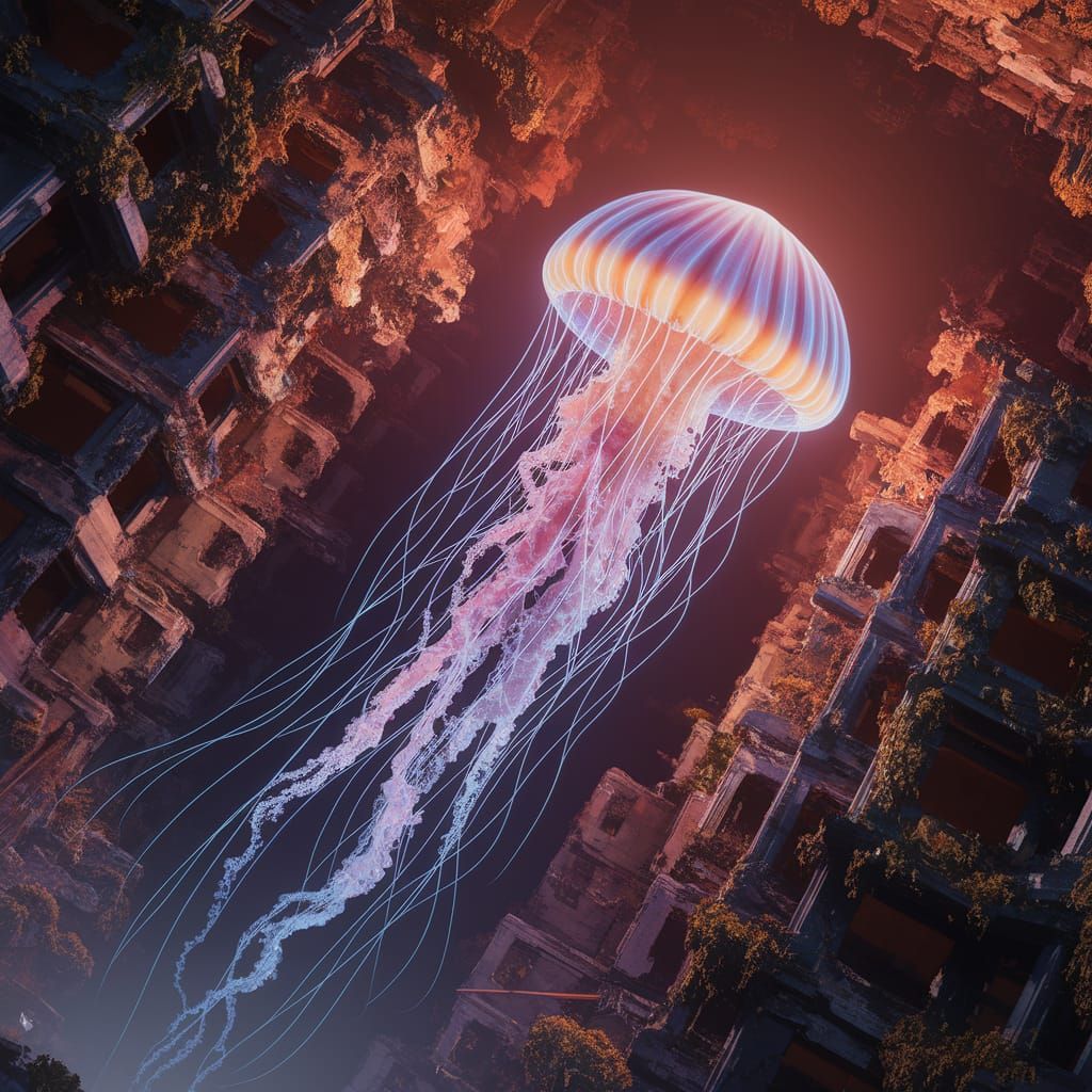 Bioluminescent Jellyfish Drifting Through Ruined Metropolis