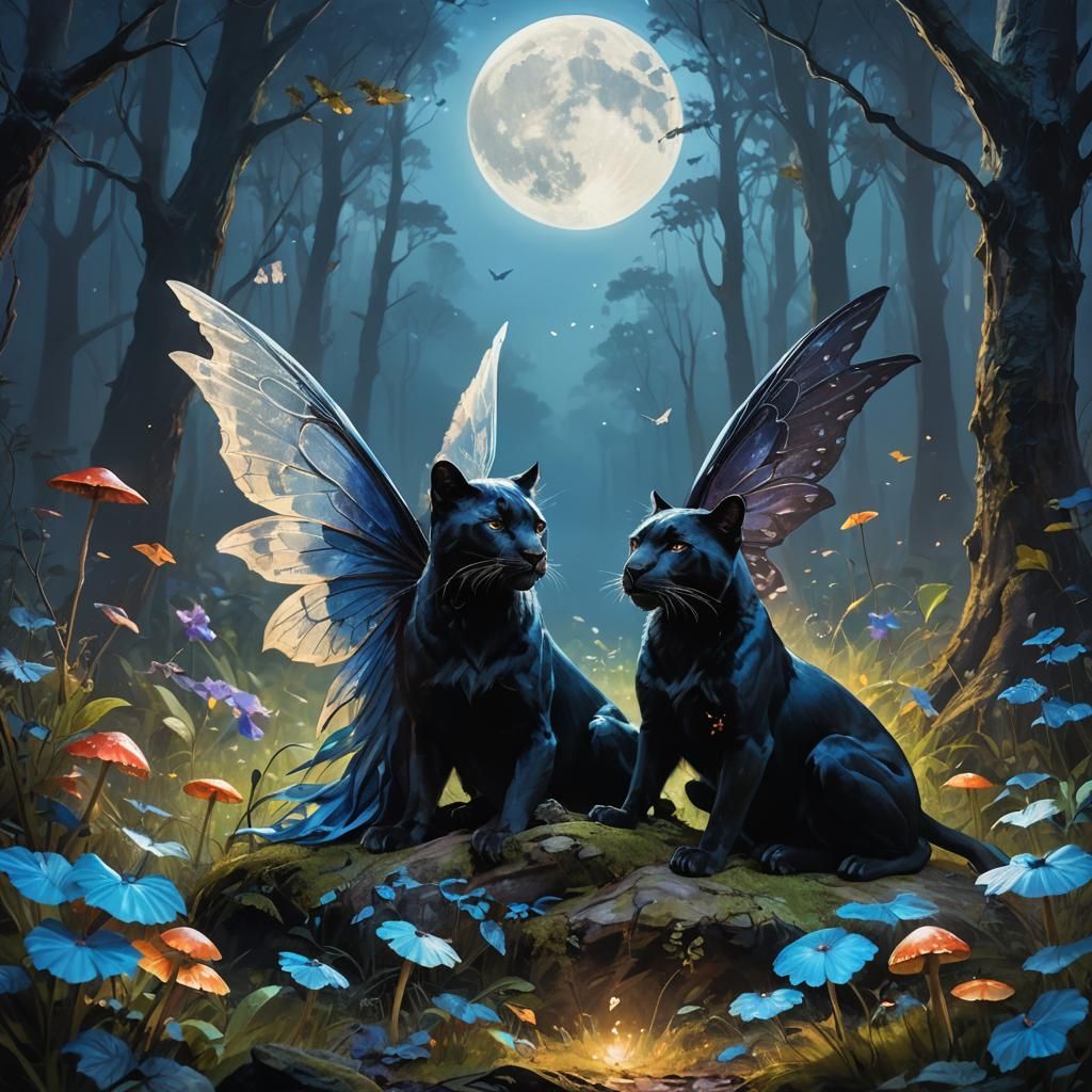 Fairy and Black Panther Under Blue Moon: Oil Painting