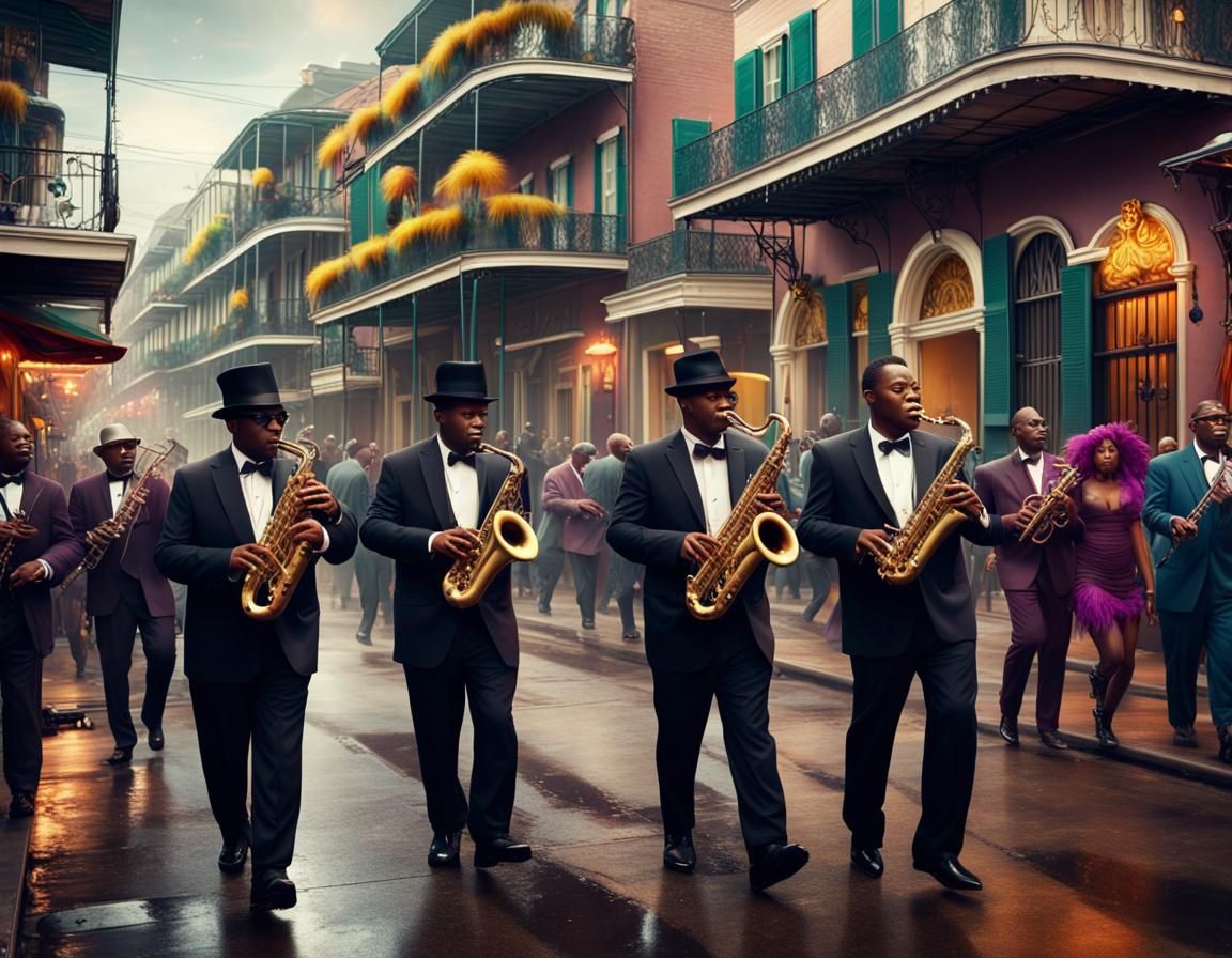Jazz band walking in street in New Orleans