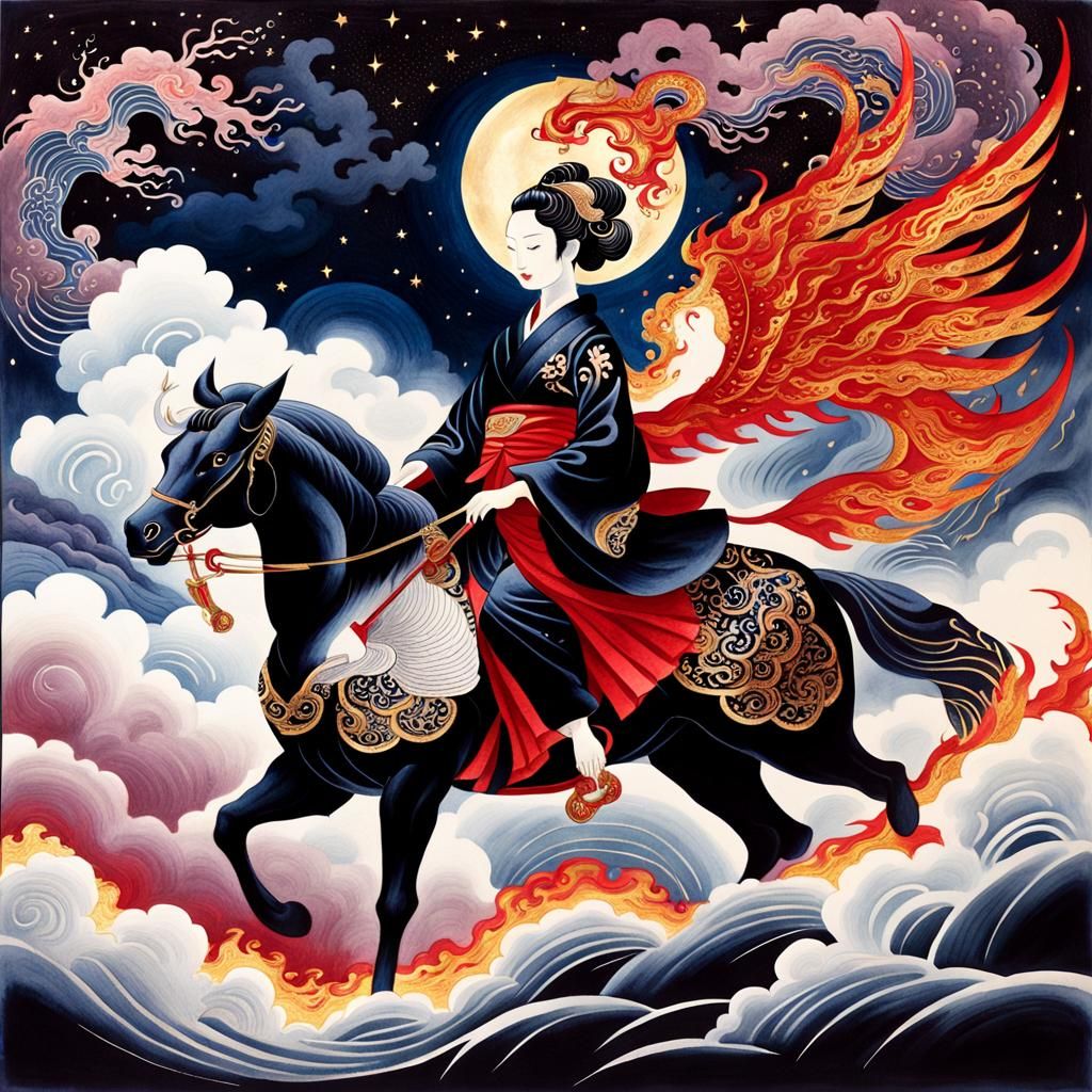 Woman Rides Kirin in Erte Style Sumi-e Drawing