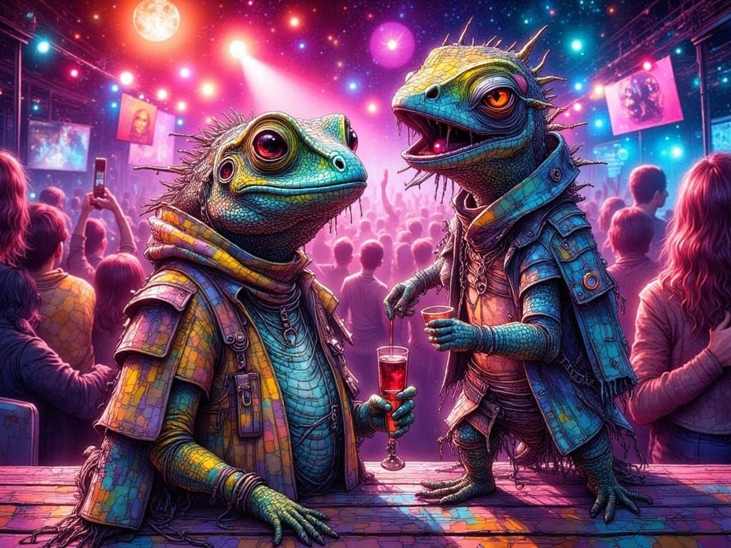 Lizard People's Futuristic Nightclub Party in Ink Style