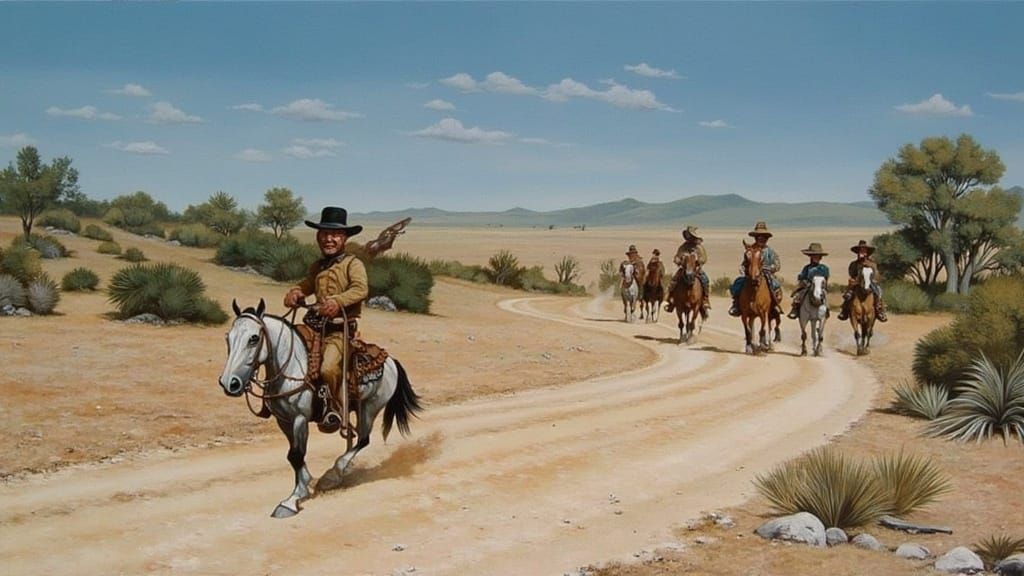 Wild West Outlaws Ride Horses at Sunset