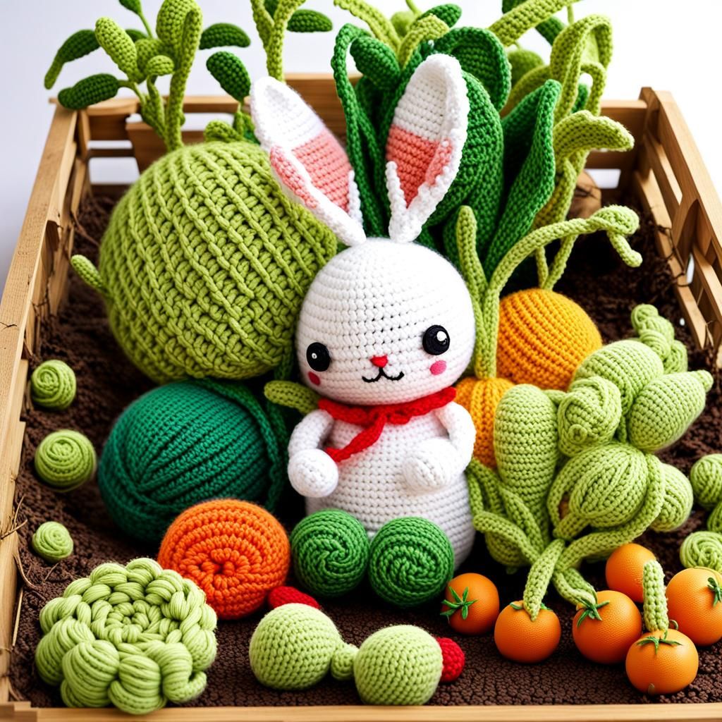 Cute Crochet Rabbit in Anime Style Garden