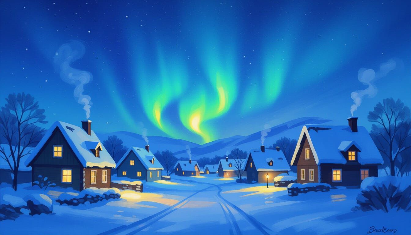 Aurora Borealis Over Snowy Village