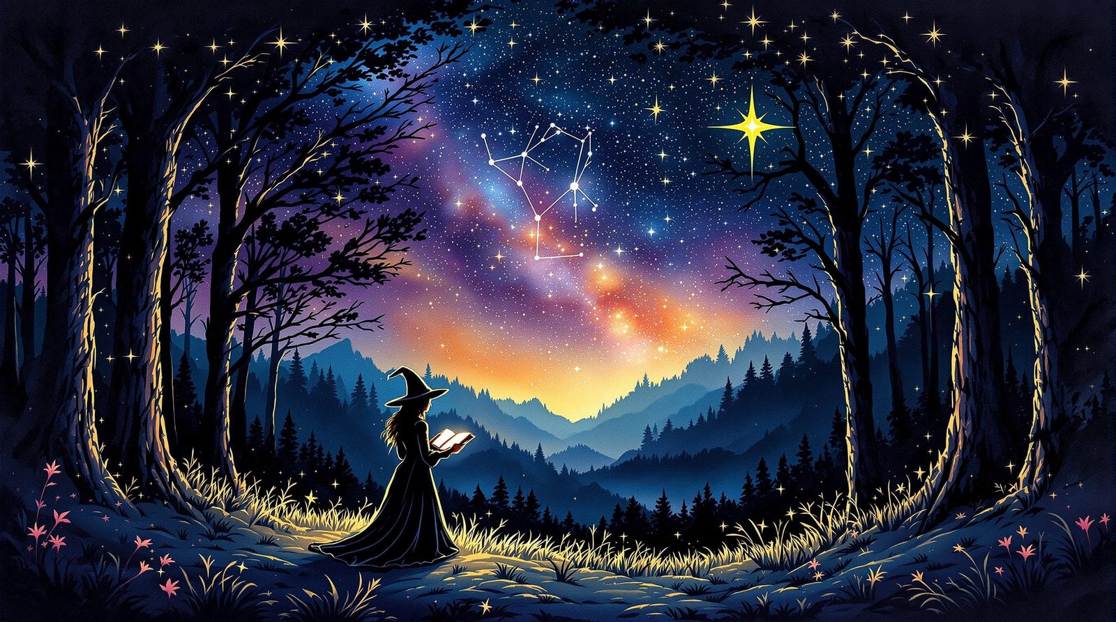 Mystical Witch Under Starry Night Sky