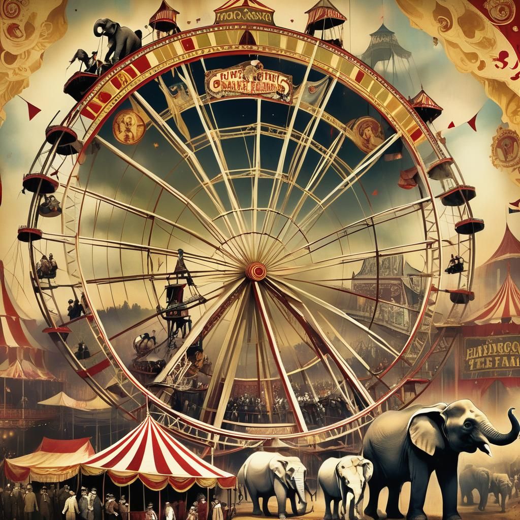 Vintage Circus Poster with Acrobats and Elephants