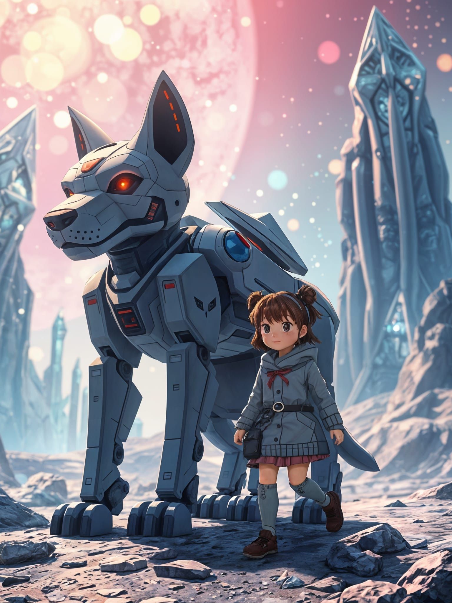 Mecha Dog Protects Girl on Alien Planet in Anime Style