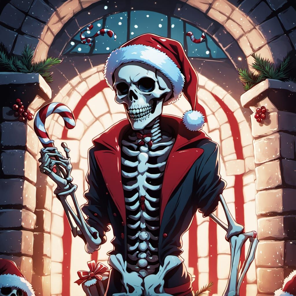 Skeleton Santa in Gothic Crypt Anime Style