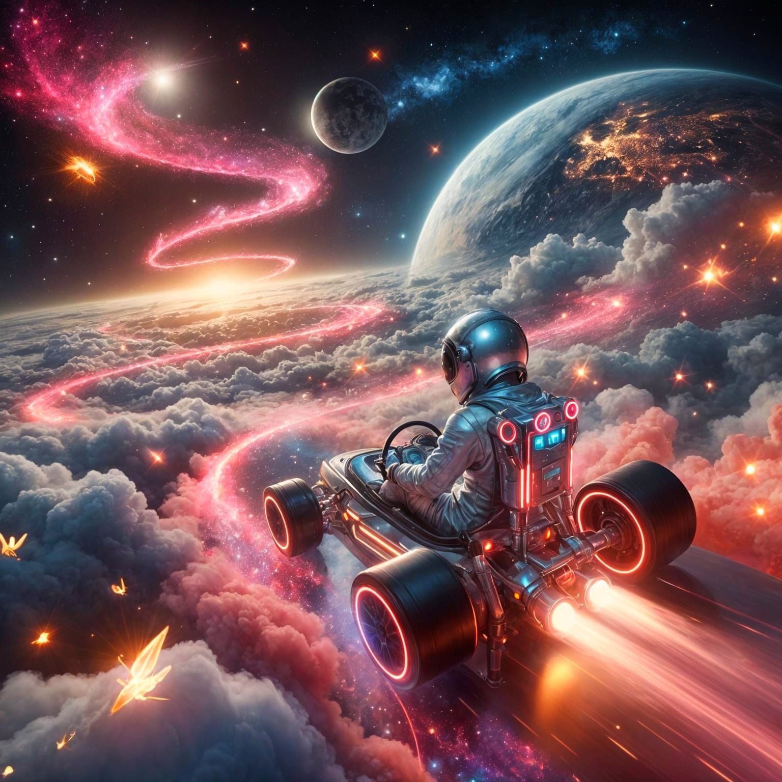 Glowing Cosmic Dreamscapes: Astronaut Girl Speeds Through St...