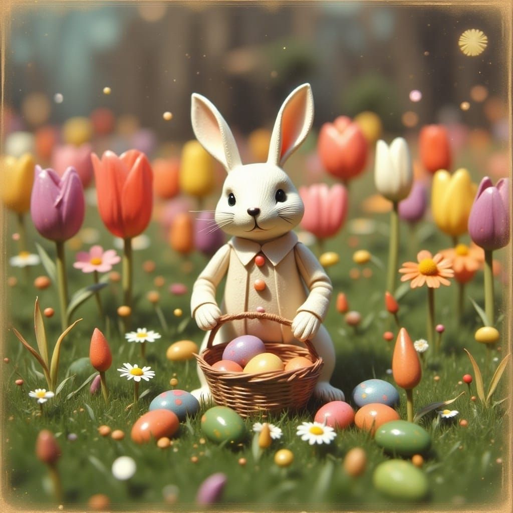 Retro Easter Bunny with Vintage Basket and Tulips