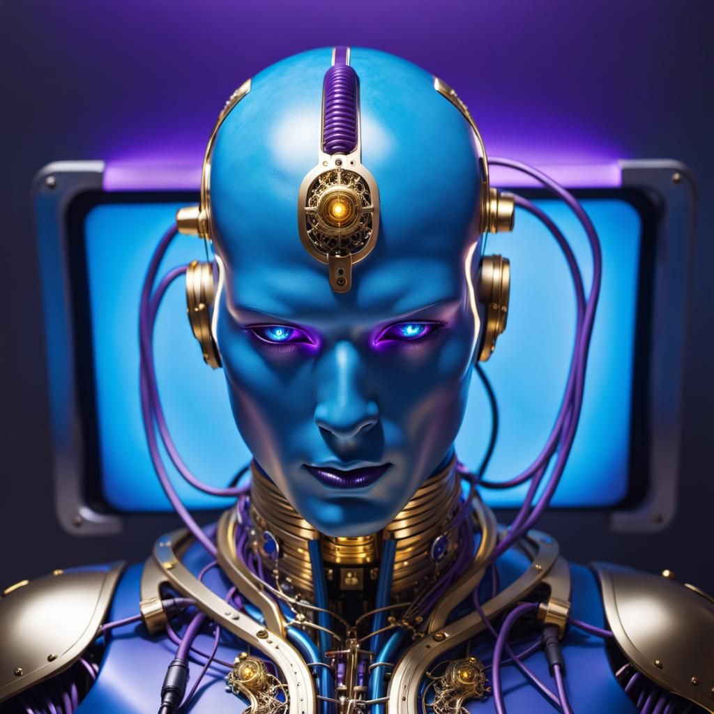 Electric-Blue Android Awakening with Cyberpunk Details