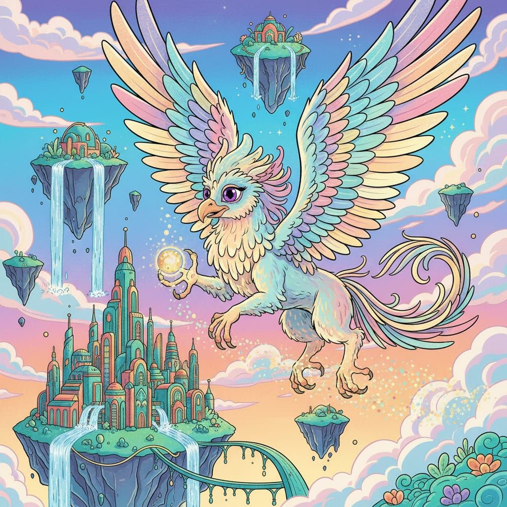 Whimsical Griffin Soaring Over Art Deco City