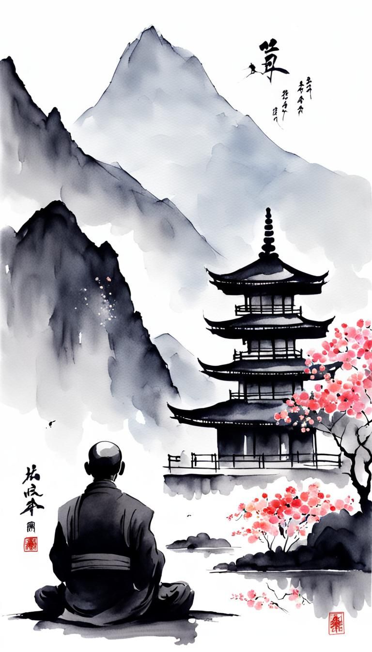 Minimalist Ink Painting of Monk Meditating
