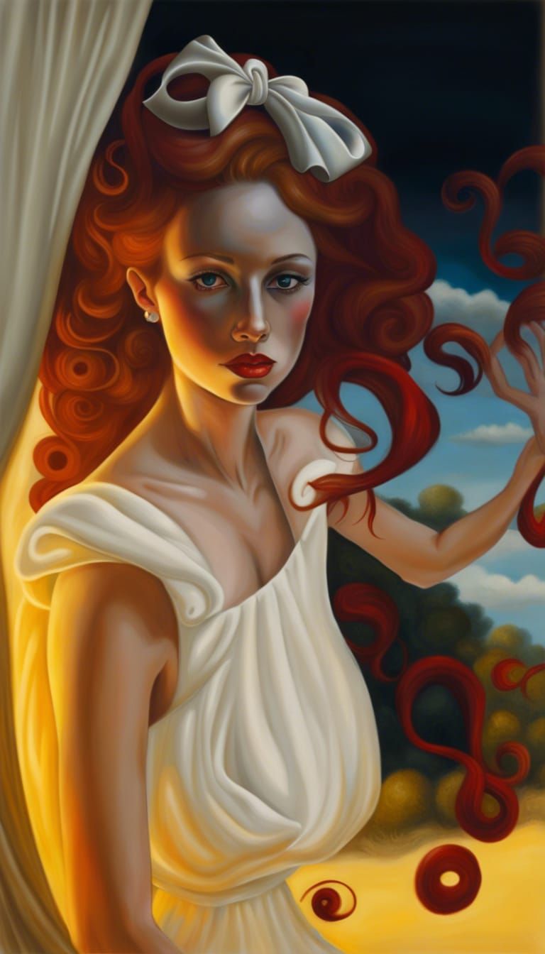 Surreal Red-Haired Bride with Ivory Bow