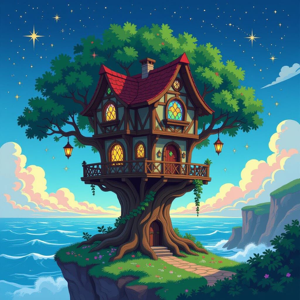 Mystical Treehouse on Cliff in Miyazaki Cartoon Style