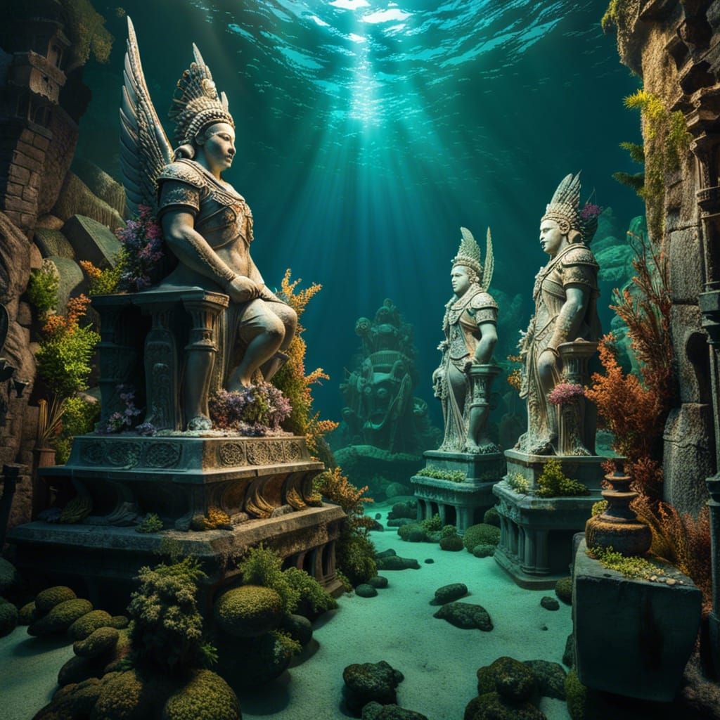 Underwater City Ruins with Colossal Statues