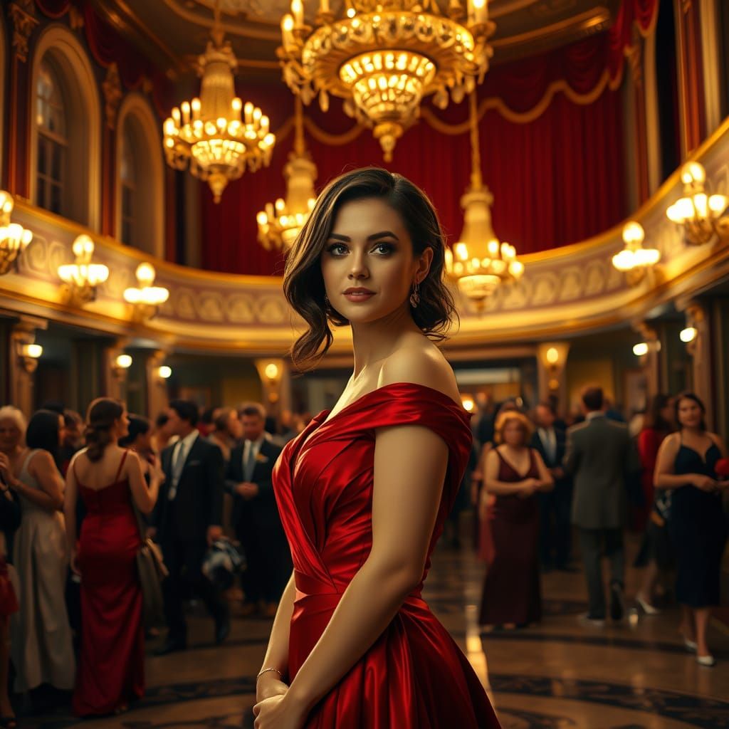 Elegant Woman Steals the Spotlight in Grand Theater Lobby