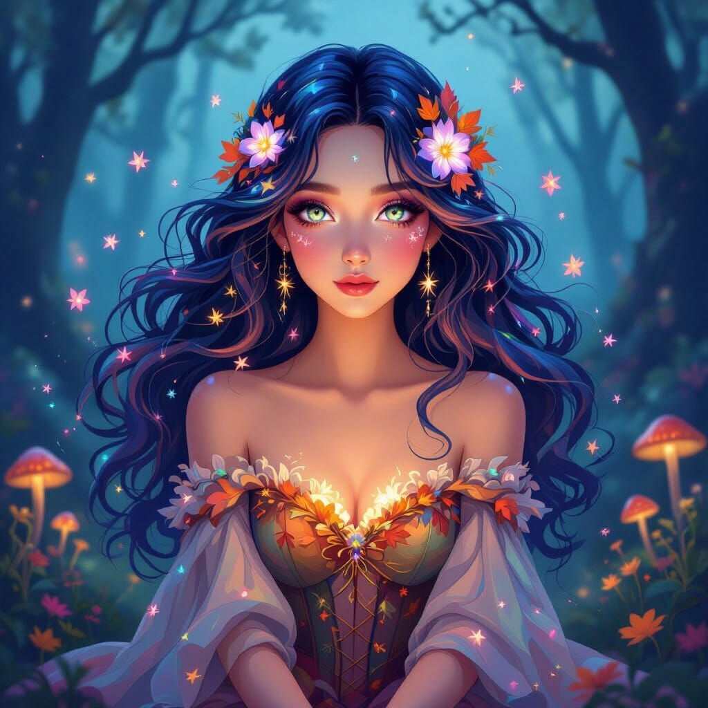 Whimsical Autumn Woman with Flowing Iridescent Hair