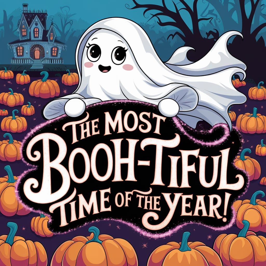 Cute Halloween Ghost with Sign in Whimsical Illustration