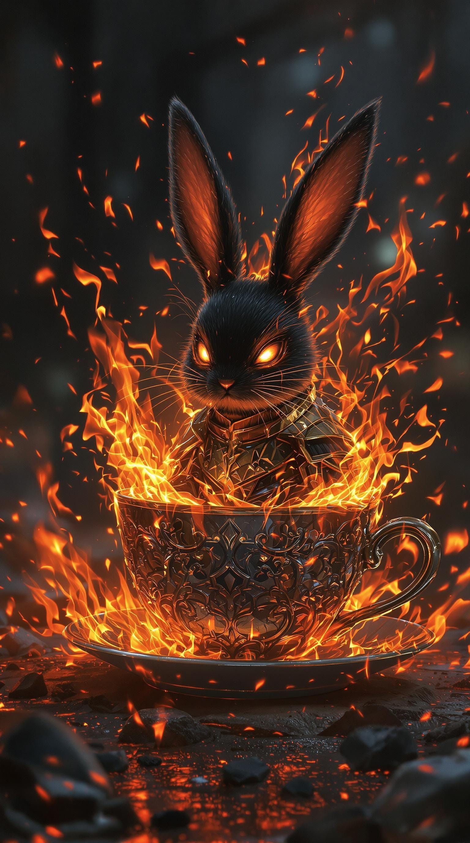 Fiery Black Bunny in Teacup: Fantasy Concept Art