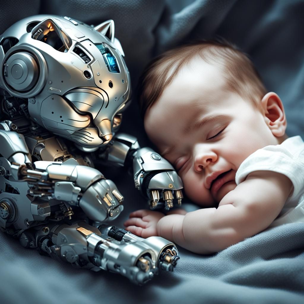 Baby Sleeping Beside a Cyborg Cat