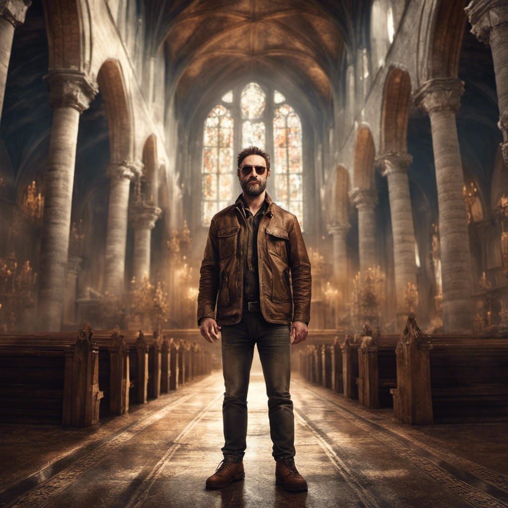 Man in Aviators Inside Church, Detailed Digital Art