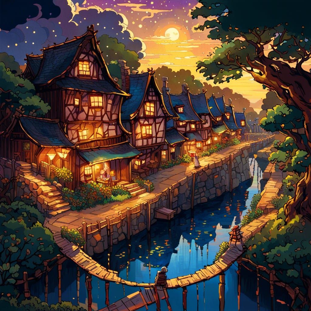 Medieval Village Under Starry Skies