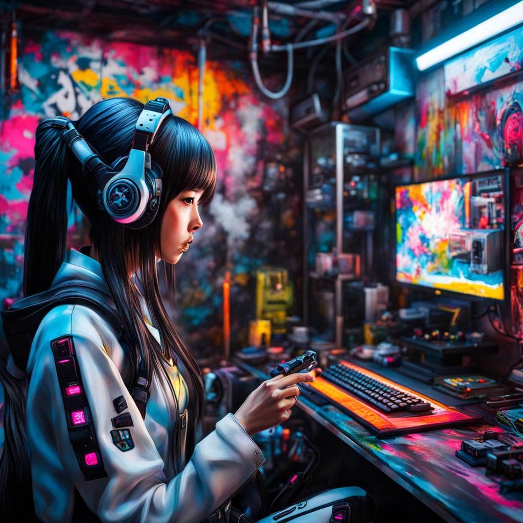 Realistic Japanese Cyborg Girl in Graffiti Art Style