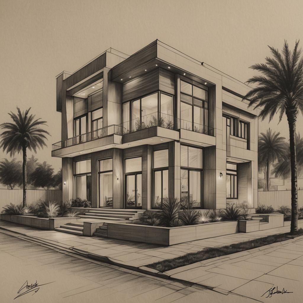 Architectural Sketch of Modern Baghdad House at Night