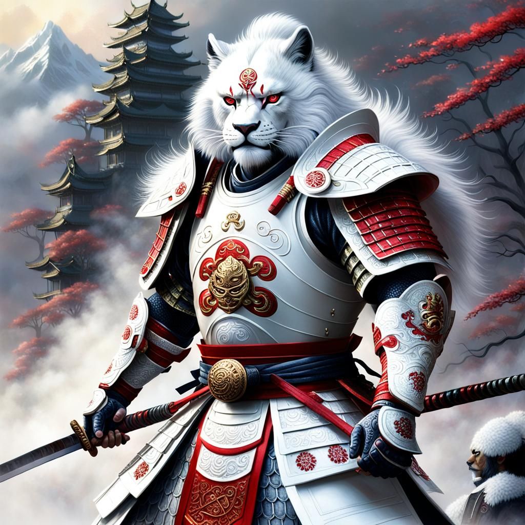 Lion Samurai in White Armor: Ethereal Fantasy Art